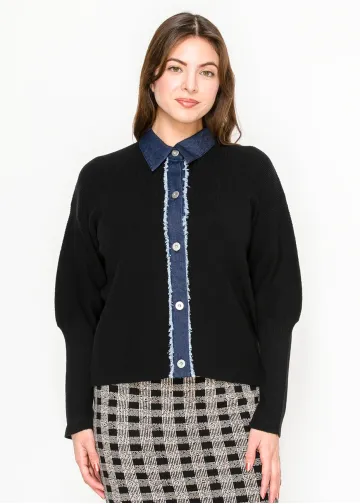 Black Cardigan with Denim Button Placket