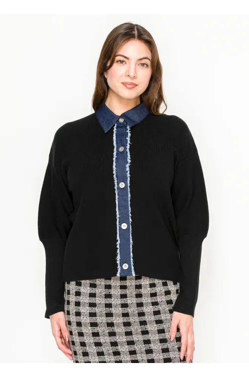 Black Cardigan with Denim Button Placket