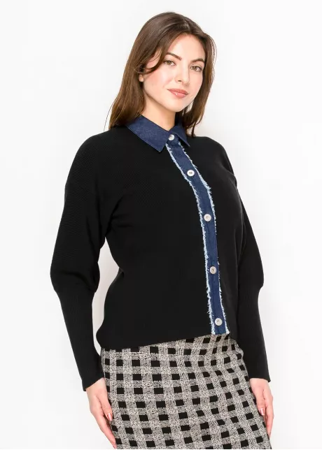 Black Cardigan with Denim Button Placket