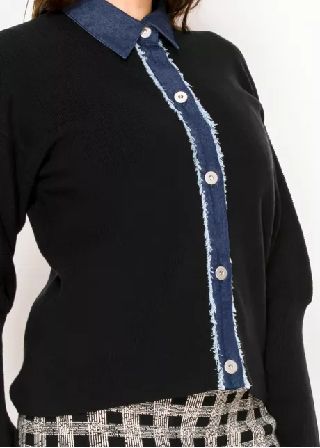 Black Cardigan with Denim Button Placket