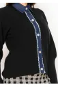 Black Cardigan with Denim Button Placket