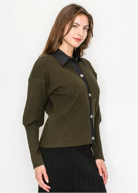 Olive Cardigan with Contrast Collar