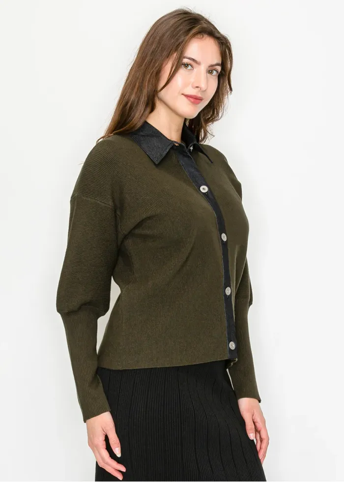Olive Cardigan with Contrast Collar
