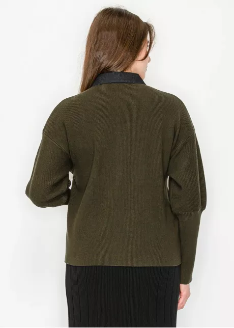 Olive Cardigan with Contrast Collar