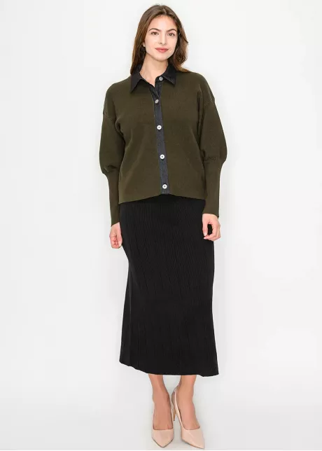 Olive Cardigan with Contrast Collar