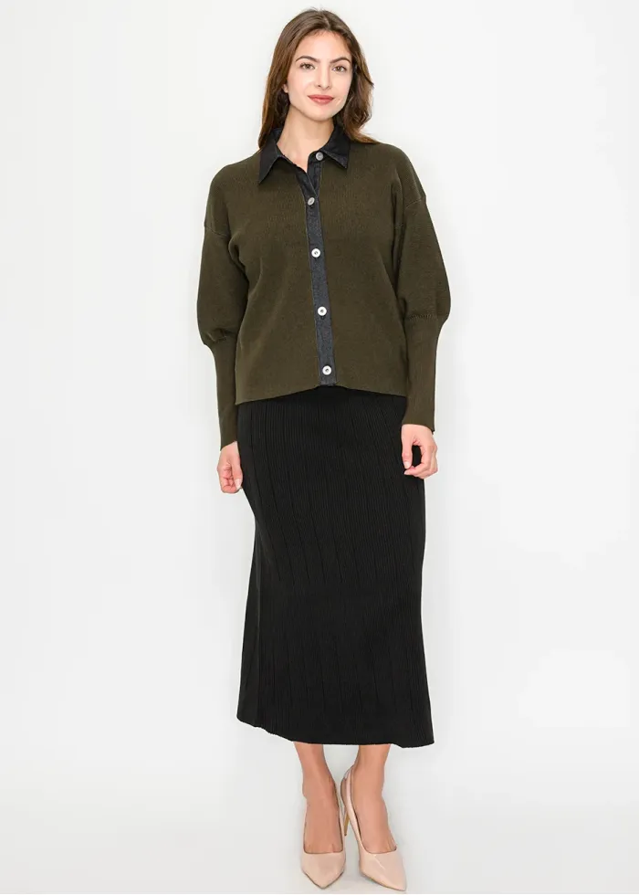 Olive Cardigan with Contrast Collar