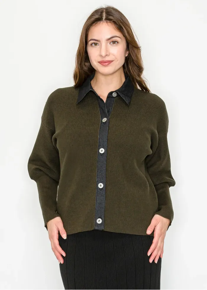 Olive Cardigan with Contrast Collar