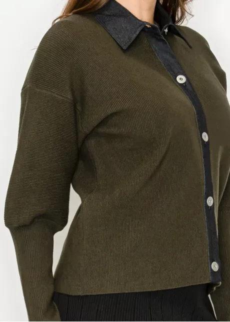 Olive Cardigan with Contrast Collar