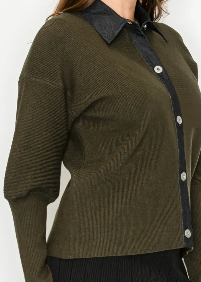 Olive Cardigan with Contrast Collar