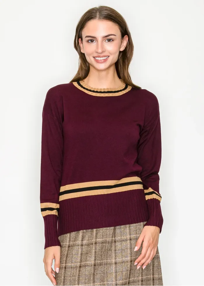 Modest Stripe Accent Knit – Burgundy Tone