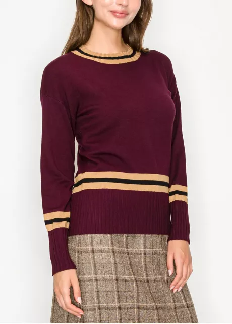 Modest Stripe Accent Knit – Burgundy Tone