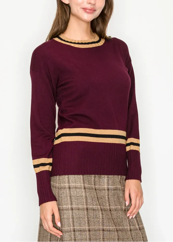 Modest Stripe Accent Knit – Burgundy Tone