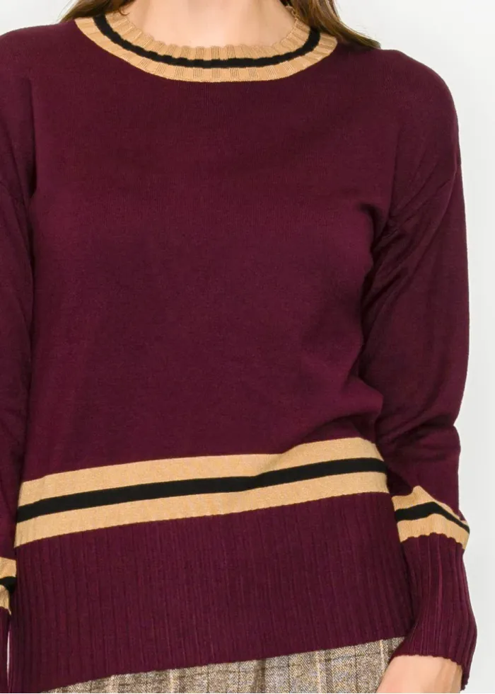 Modest Stripe Accent Knit – Burgundy Tone