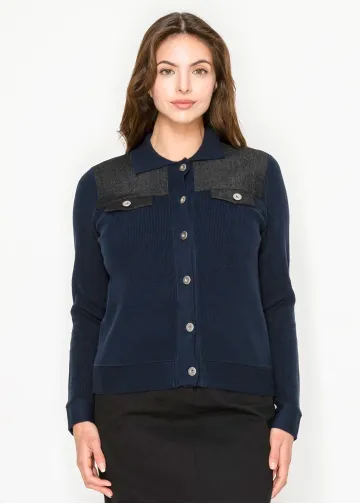 Navy Collared Cardigan with Contrast Accents