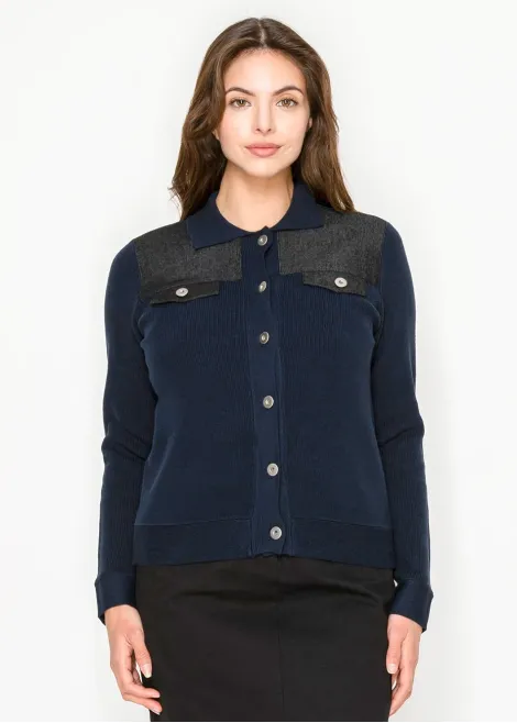 Navy Collared Cardigan with Contrast Accents