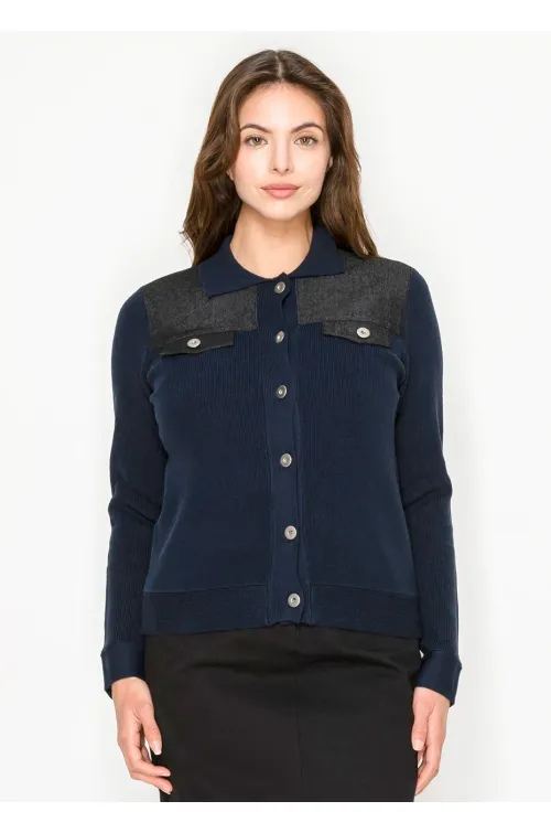 Navy Collared Cardigan with Contrast Accents
