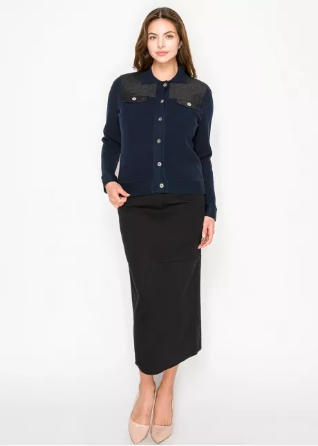 Navy Collared Cardigan with Contrast Accents