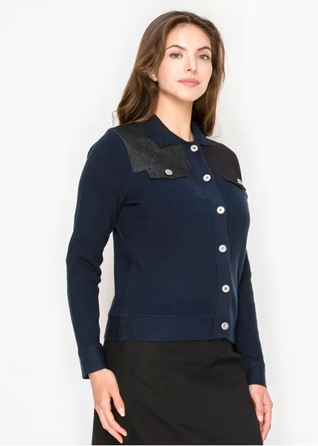Navy Collared Cardigan with Contrast Accents