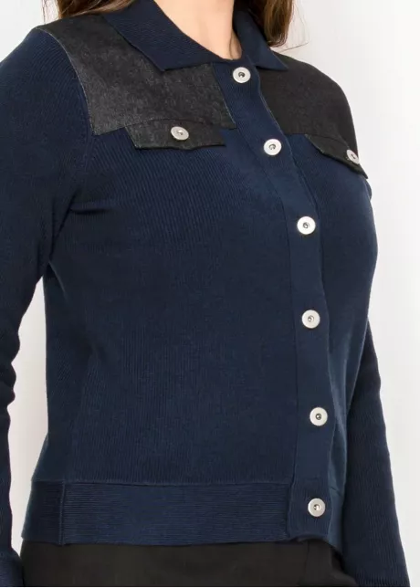 Navy Collared Cardigan with Contrast Accents