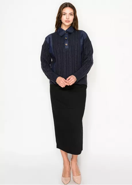 Cable Knit Sweater with Denim Collar – Navy