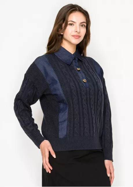 Cable Knit Sweater with Denim Collar – Navy