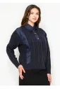 Cable Knit Sweater with Denim Collar – Navy