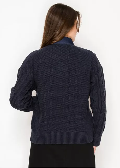 Cable Knit Sweater with Denim Collar – Navy