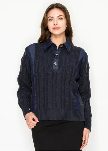 Cable Knit Sweater with Denim Collar – Navy
