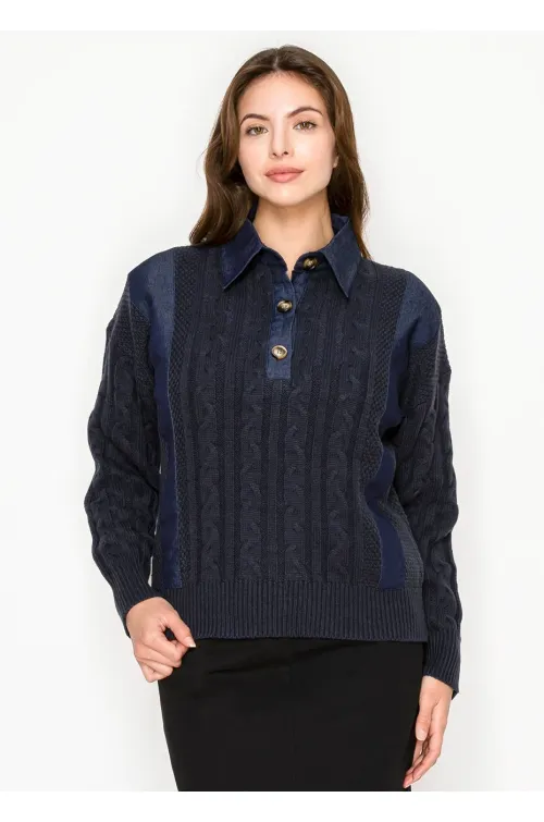 Cable Knit Sweater with Denim Collar – Navy