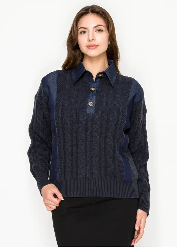 Cable Knit Sweater with Denim Collar – Navy