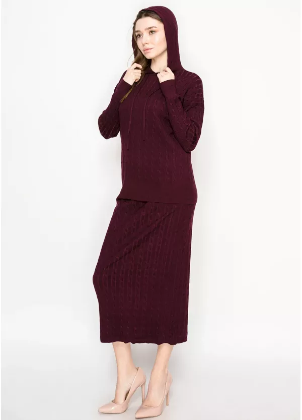 Burgundy Cable Knit Hoodie Set