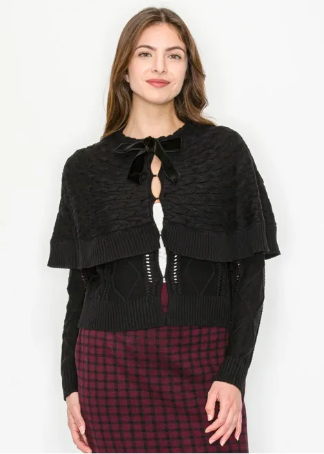 Black Cable Knit Sweater with Cape Overlay
