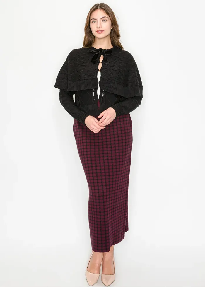 Black Cable Knit Sweater with Cape Overlay