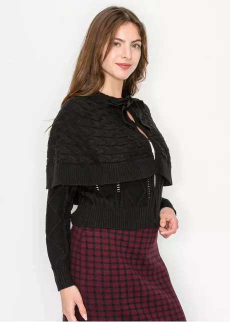 Black Cable Knit Sweater with Cape Overlay