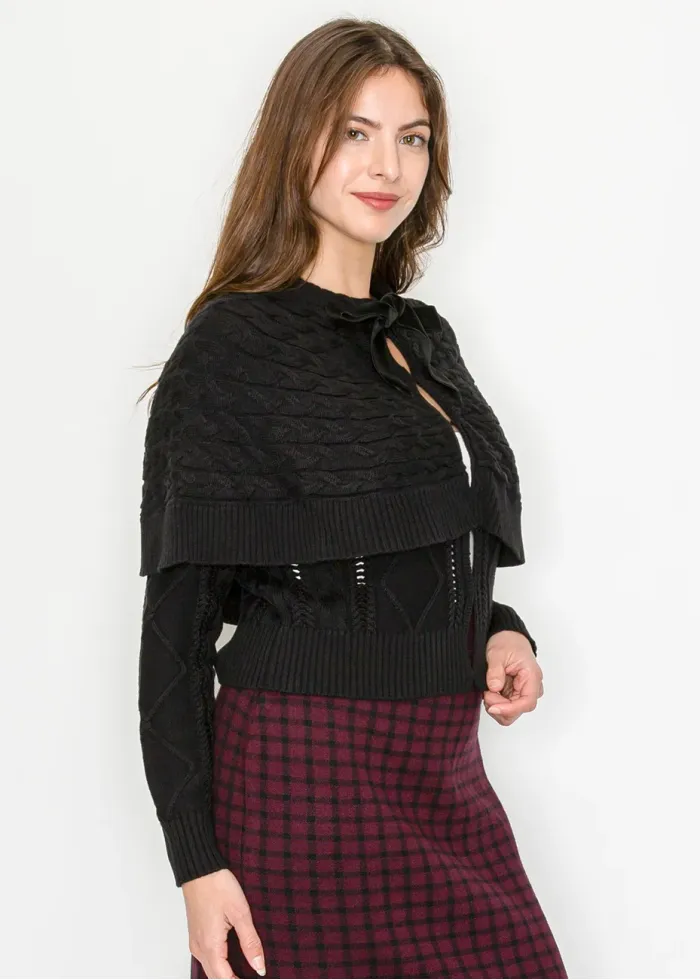 Black Cable Knit Sweater with Cape Overlay