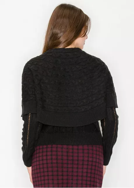 Black Cable Knit Sweater with Cape Overlay