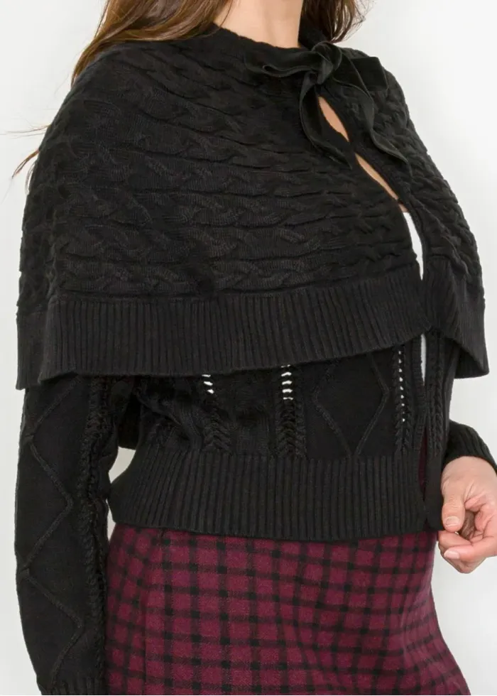 Black Cable Knit Sweater with Cape Overlay