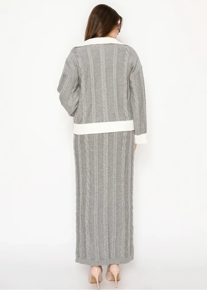 Grey Cable Knit Sweater & Skirt Set