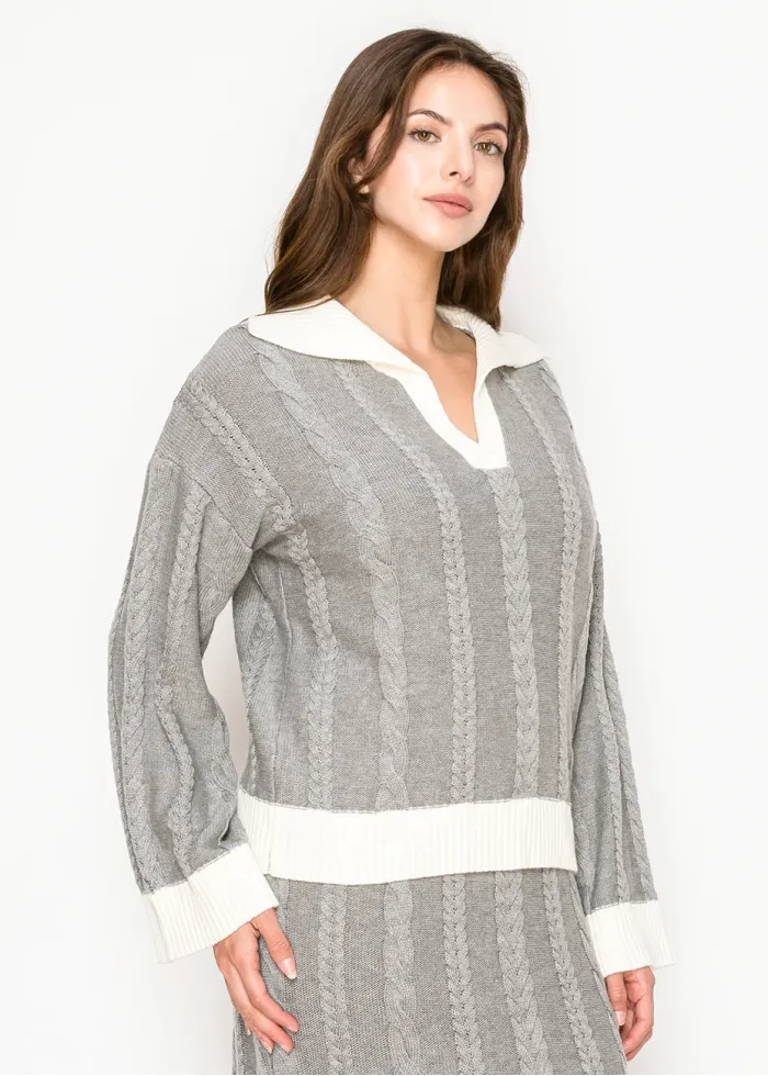 Contrast Trim Cable Sweater in Light Grey