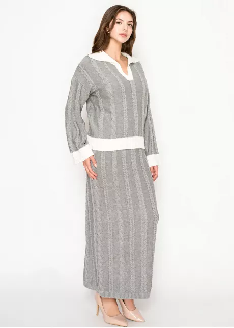 Contrast Trim Cable Sweater in Light Grey