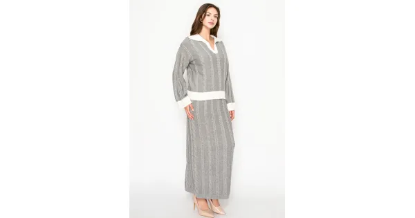 Contrast Trim Cable Sweater in Light Grey | Modest Women Clothing