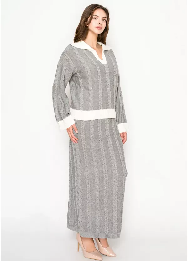 Grey Cable Knit Sweater & Skirt Set