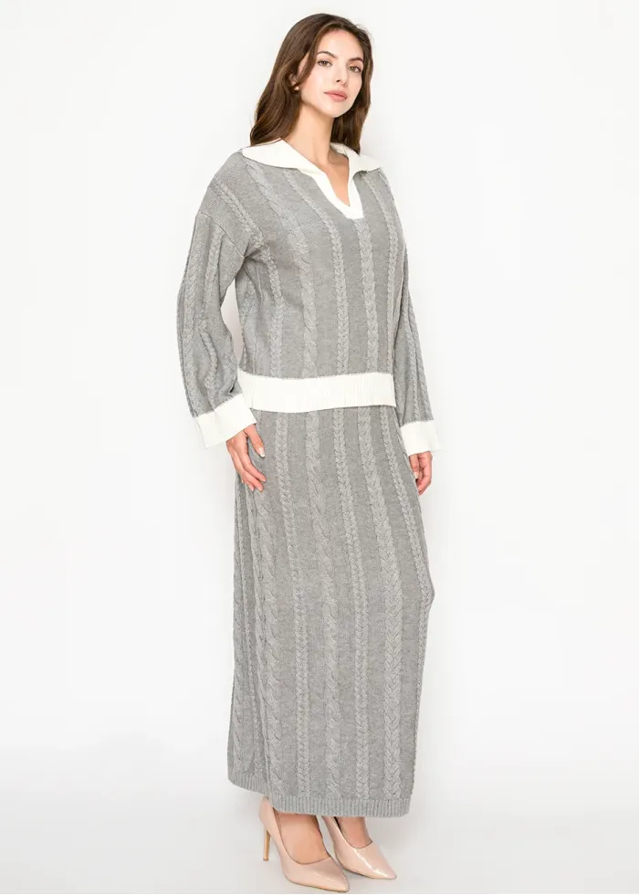 Grey Cable Knit Sweater & Skirt Set