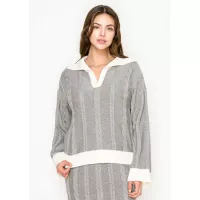 Contrast Trim Cable Sweater in Light Grey