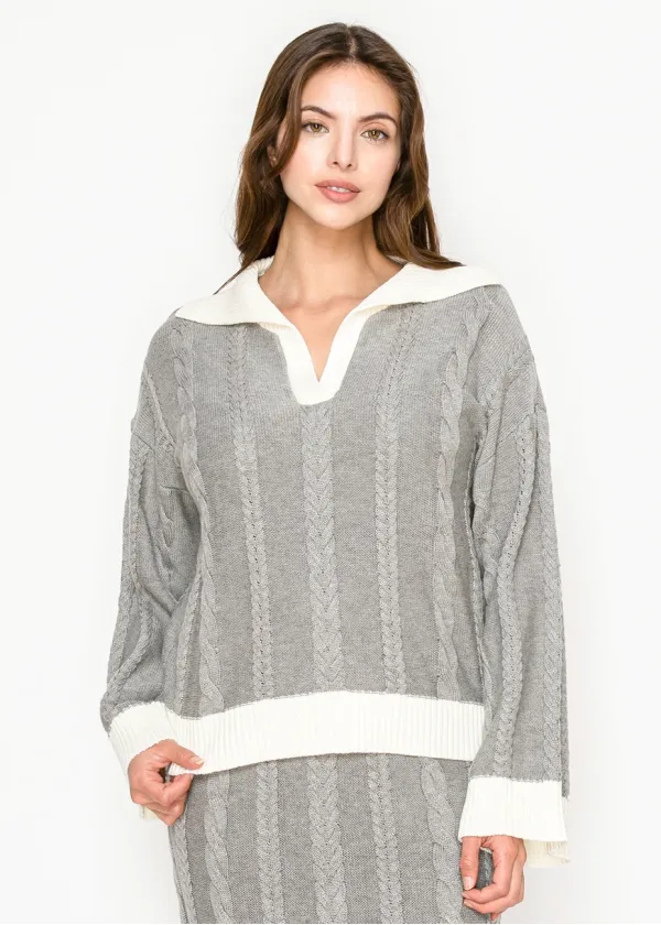 Contrast Trim Cable Sweater in Light Grey