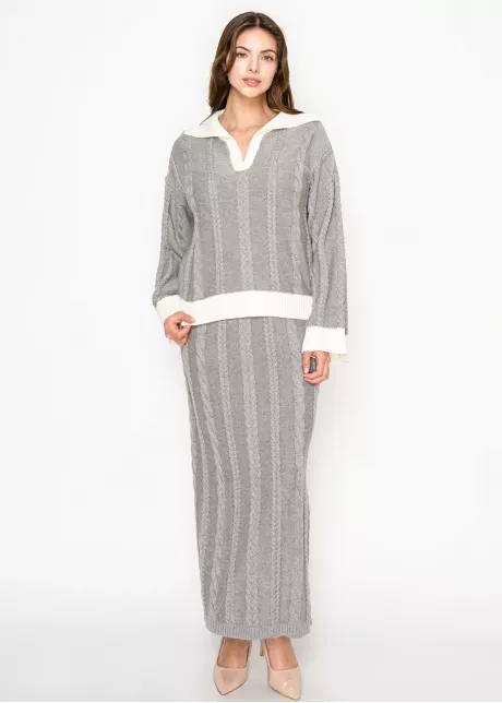 Contrast Trim Cable Sweater in Light Grey