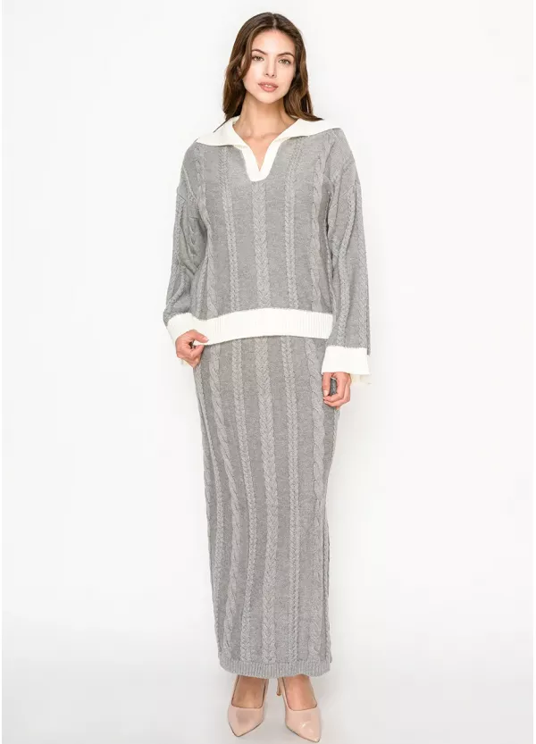 Grey Cable Knit Sweater & Skirt Set