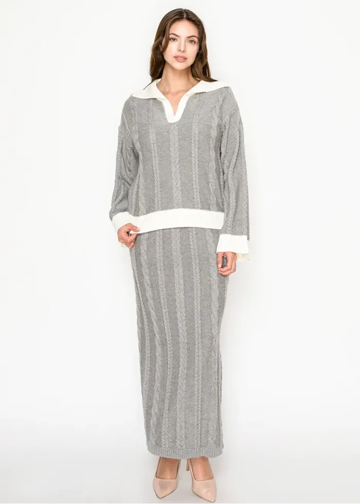 Grey Cable Knit Sweater & Skirt Set