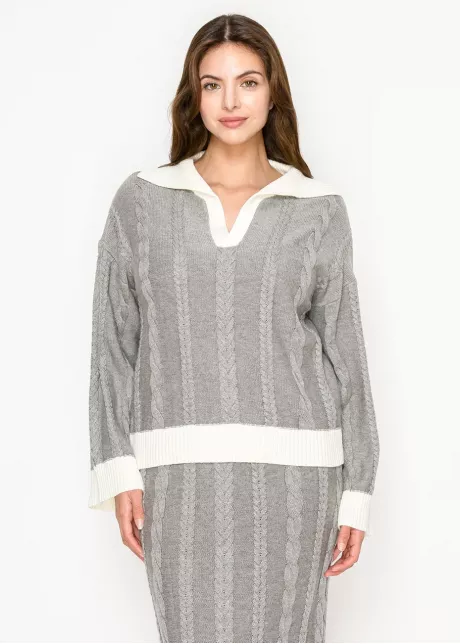 Contrast Trim Cable Sweater in Light Grey