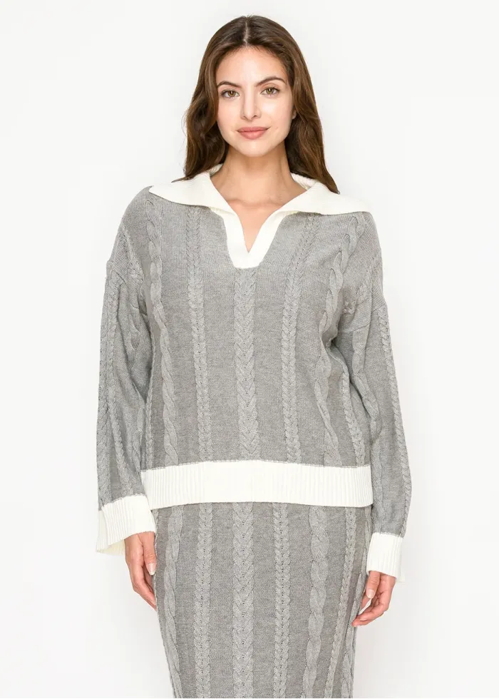 Contrast Trim Cable Sweater in Light Grey